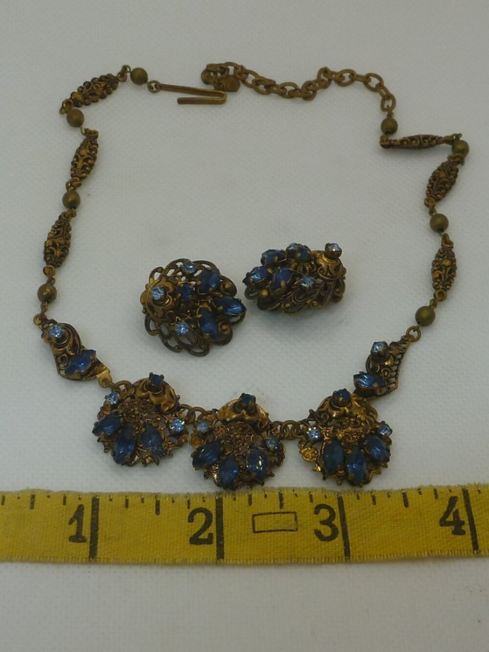 Vintage West Germany Blue Rhinestone Filigree Necklace & Earring Set Demi Parure
